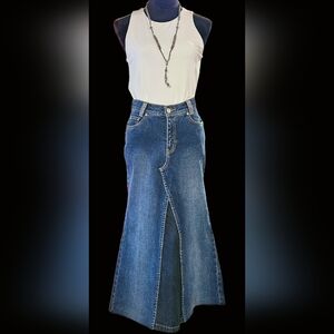 UPCYCLED✨️SHOW-STOPPER  "LAWMAN WESTERN" RHINESTONE LONG DENIM SKIRT Sz 1 (26/33